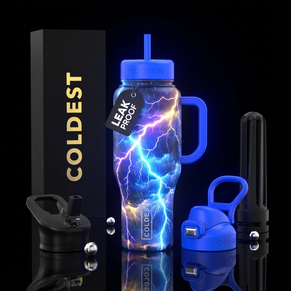 glowie lightening storm, realism, vibrant water bottle design