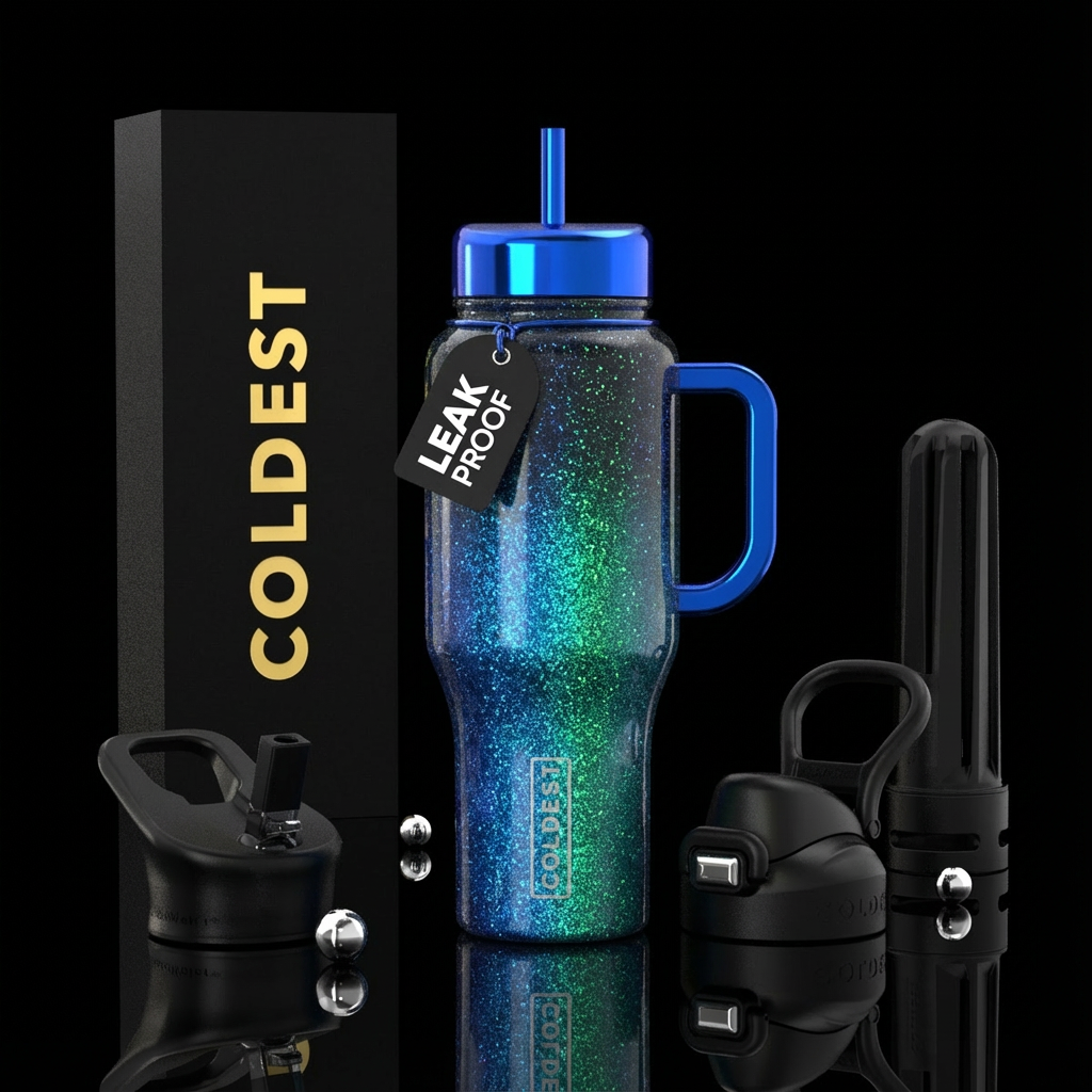 darkness, sparkly, electric Blue, Green water bottle design