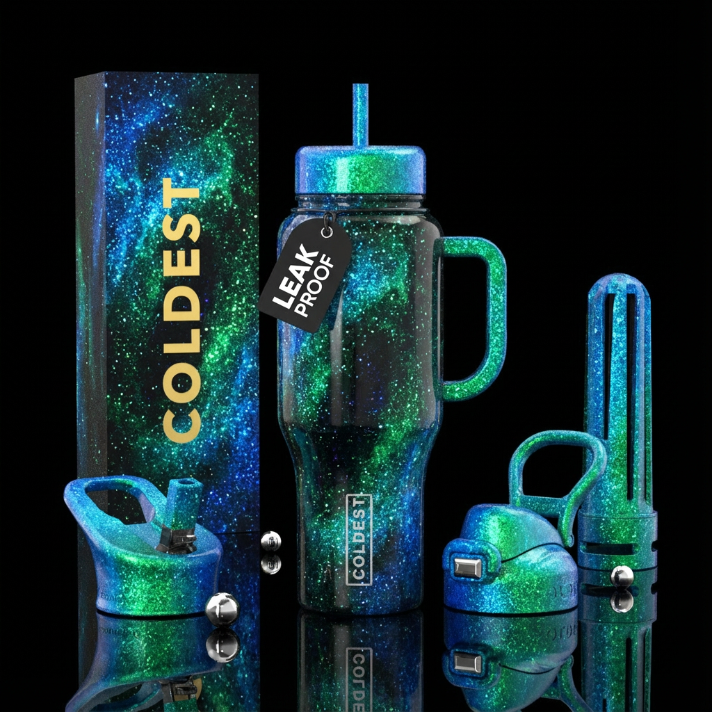 darkness, sparkly, electric Blue, Green water bottle design