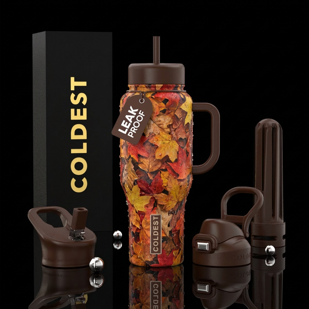 Realistic textured windy autumn leaves dark brown ... water bottle design