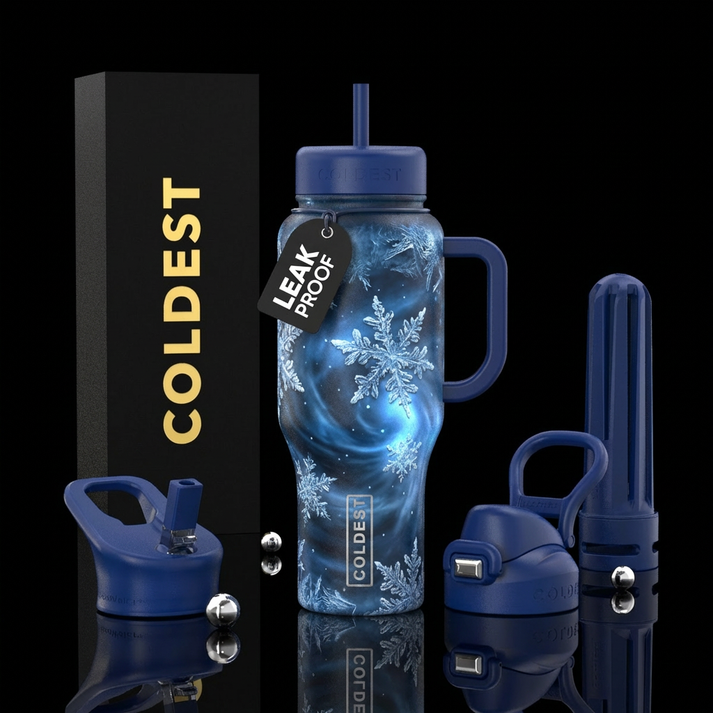 Textured Realistic snowflakes, glowie, dark blue w... water bottle design