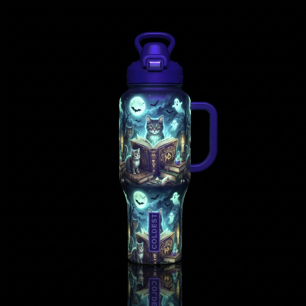 Cats, books, spooky night glowie realistic water bottle design