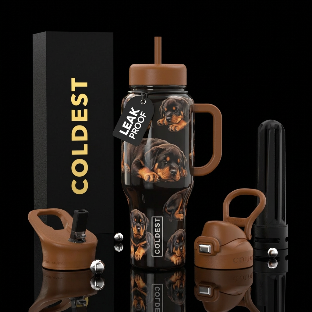 Sleepy Rottweiler puppies realistic water bottle design