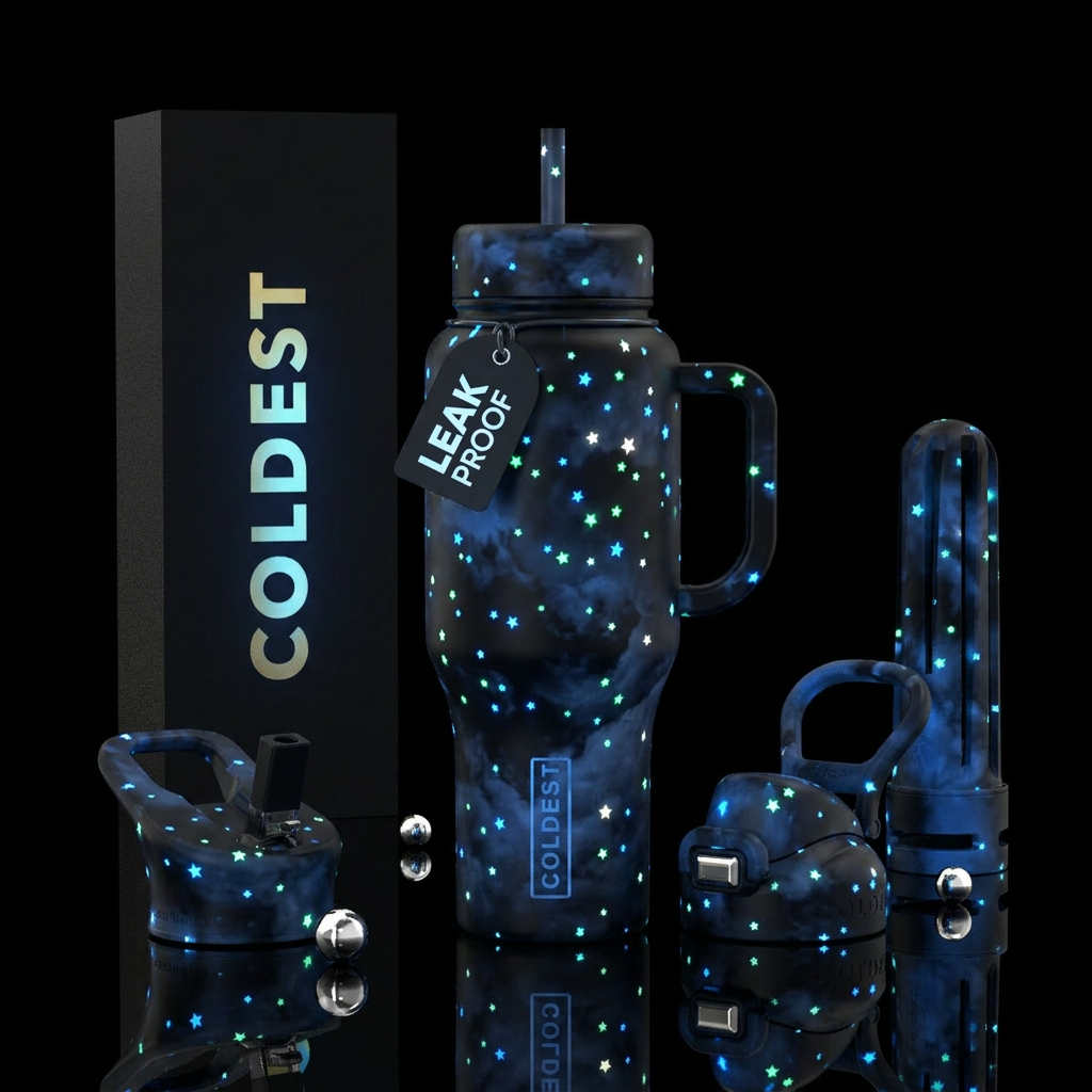 glowie stars, black and dark blue clouds texture b... water bottle design