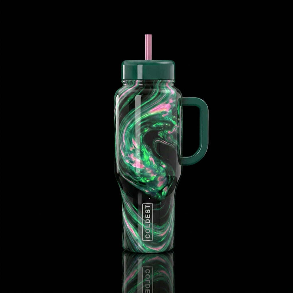 Black bottle. Green and pink opal swirl. Think wic... water bottle design