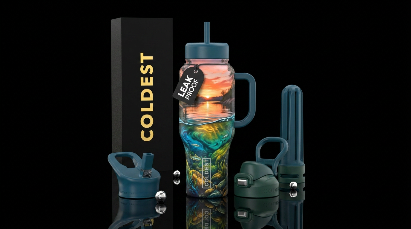 Half above half below water. Orange and pink sunse... water bottle design