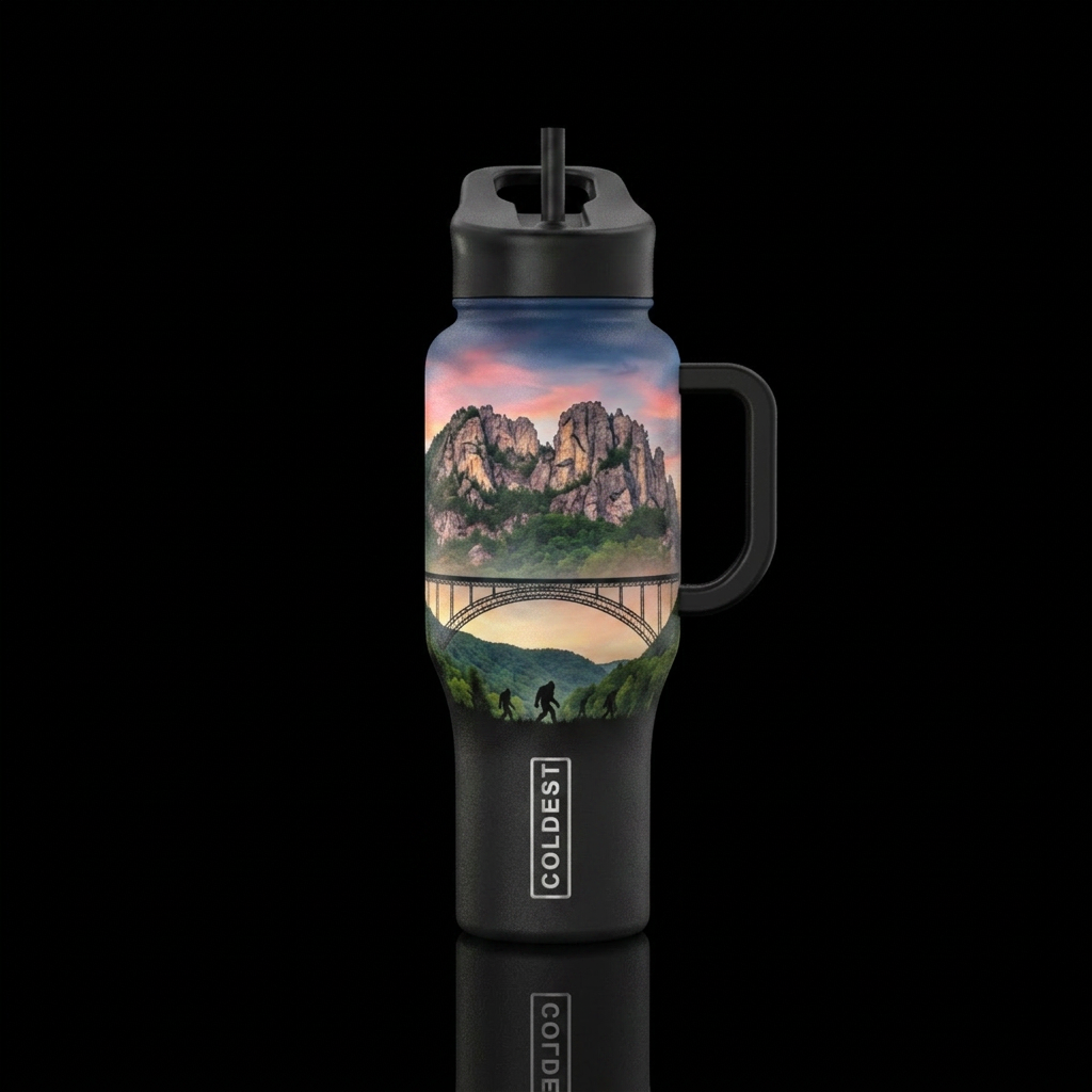 West Virginia. Senca rocks. Shilloutte of new rive... water bottle design
