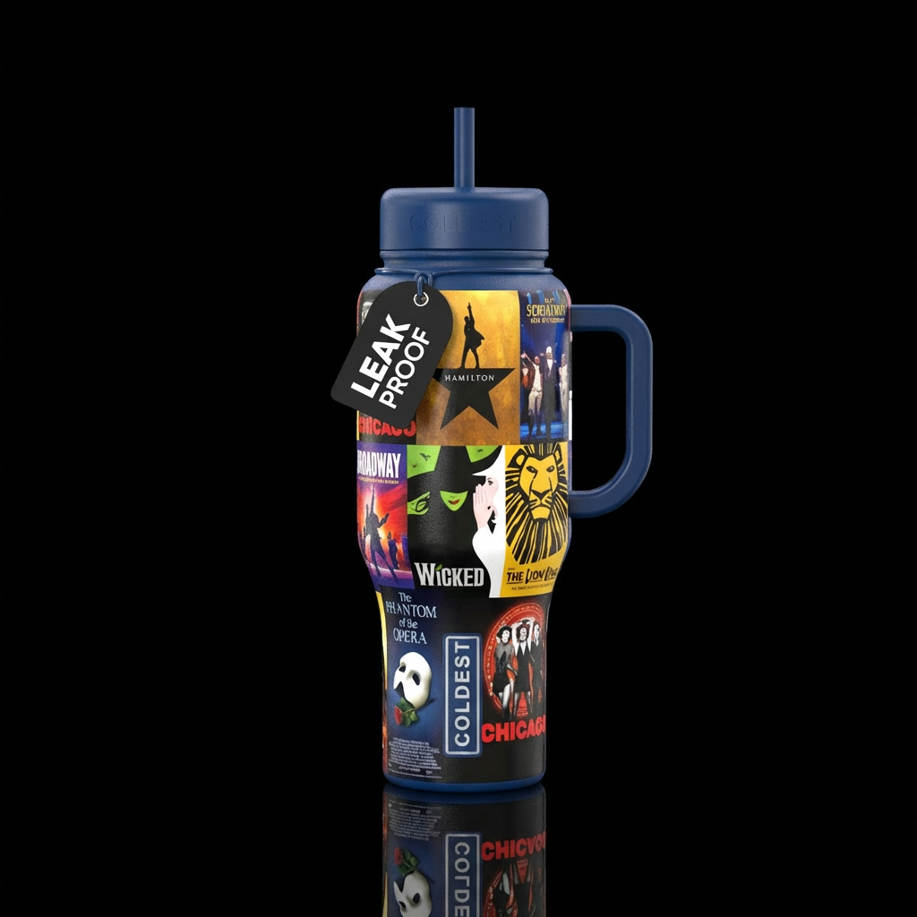 Broadway shows water bottle design