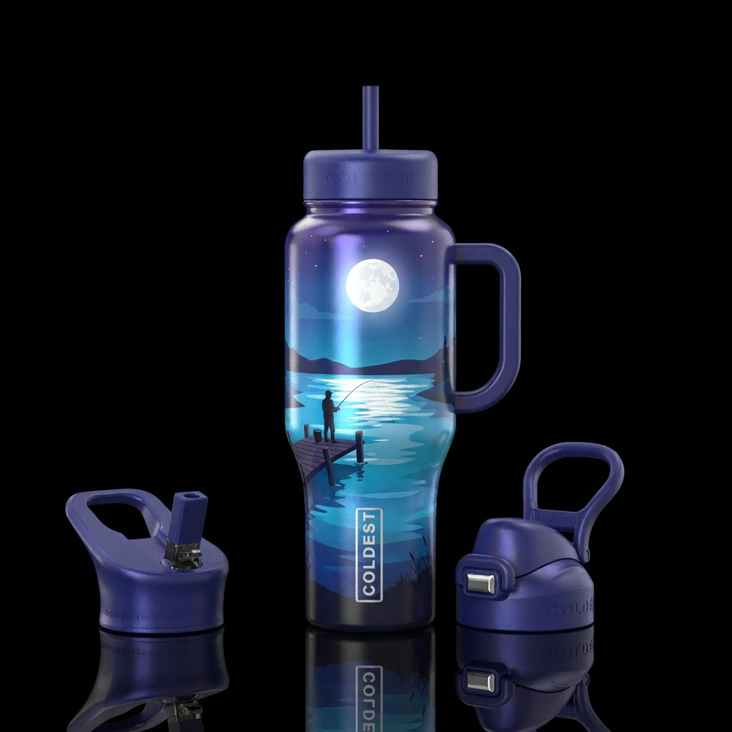 Moonlit river, dock, silhouette fisherman water bottle design
