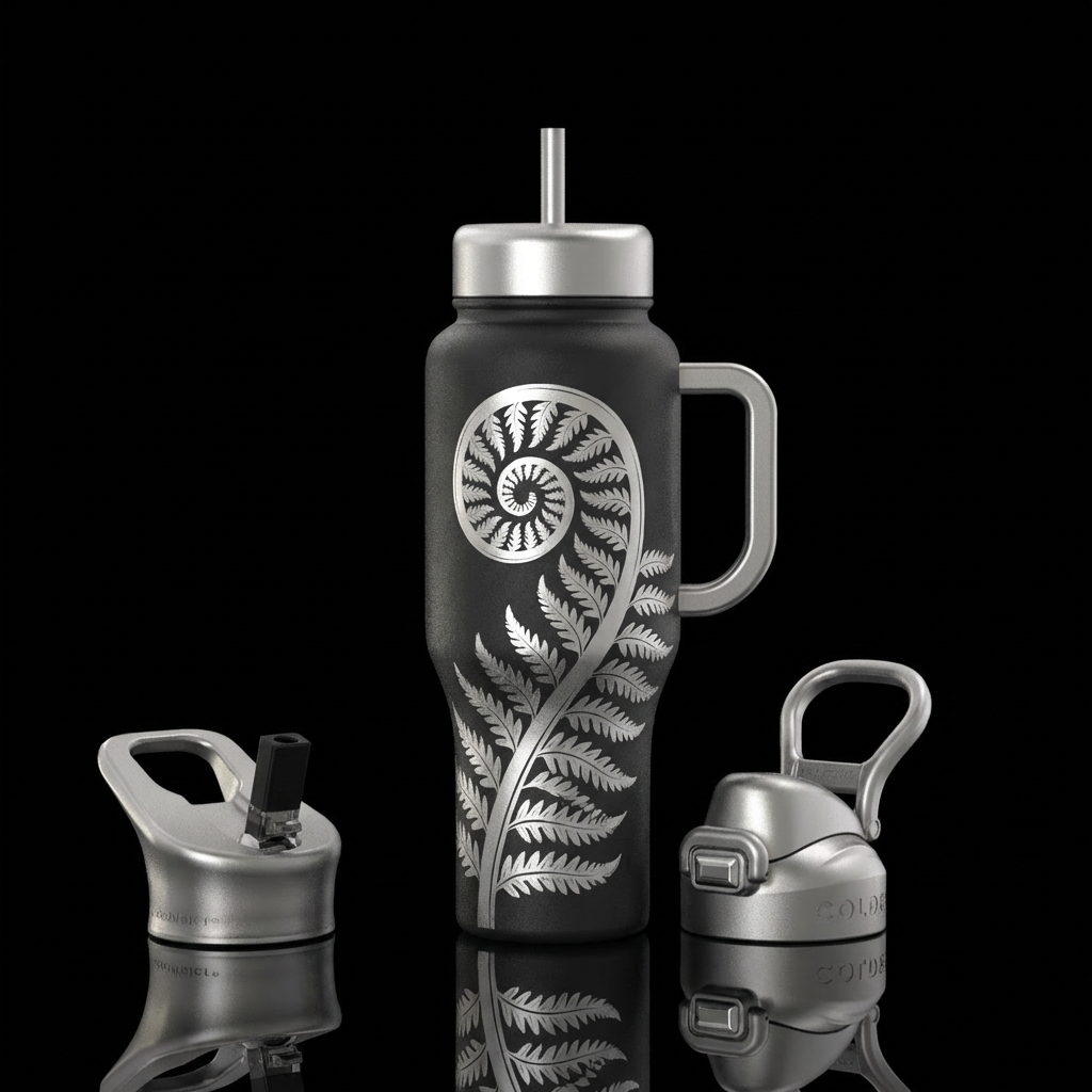 Silver fern, curled, black background water bottle design