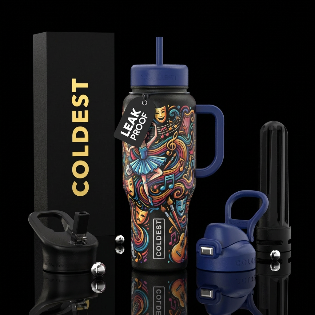 The arts, music, dance, theater water bottle design