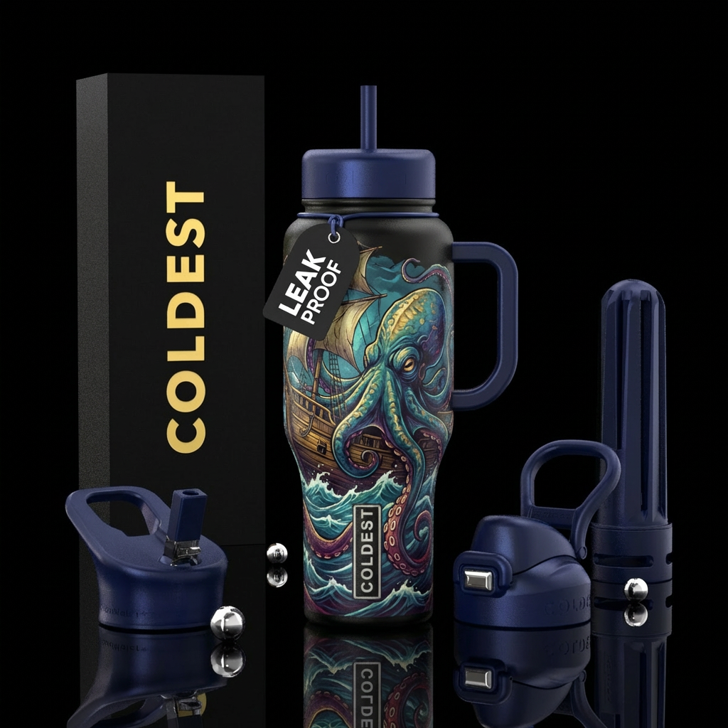 Ship, kraken water bottle design