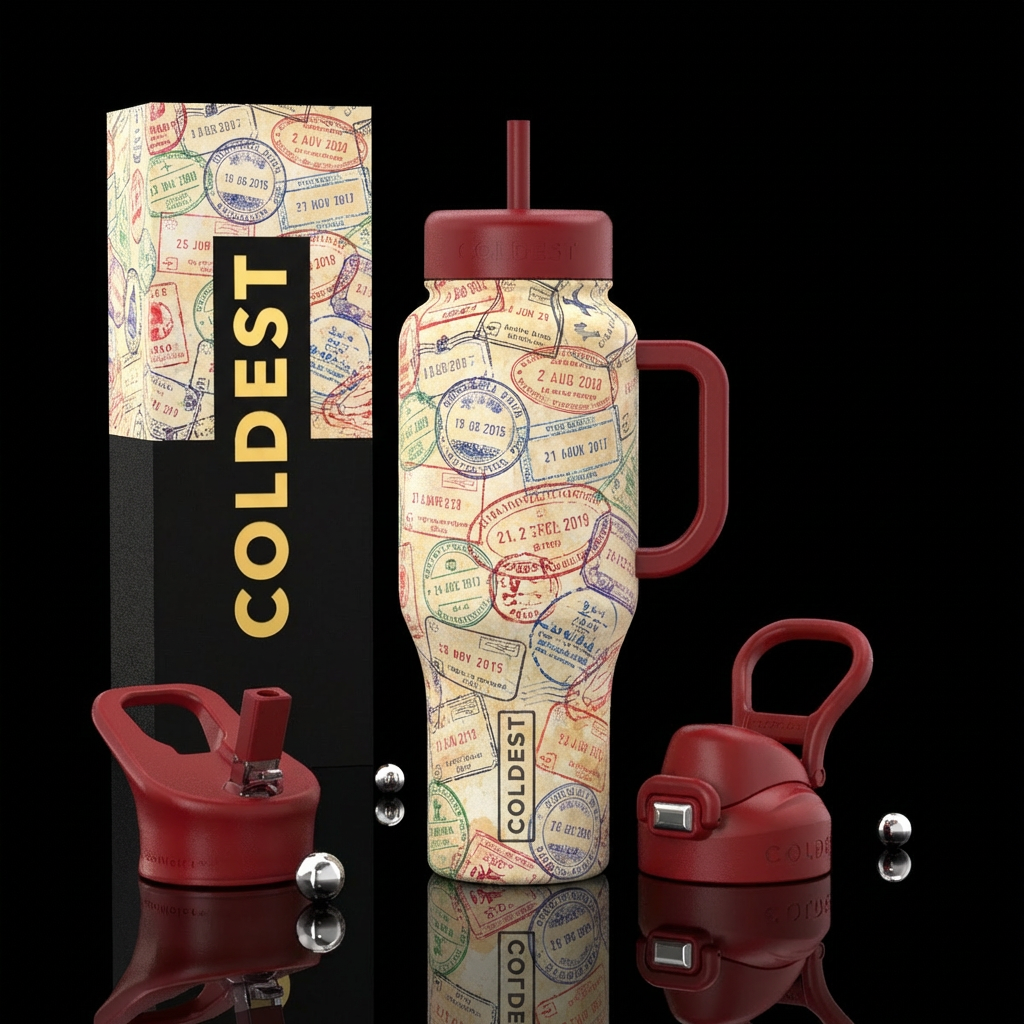 Passport stamps water bottle design