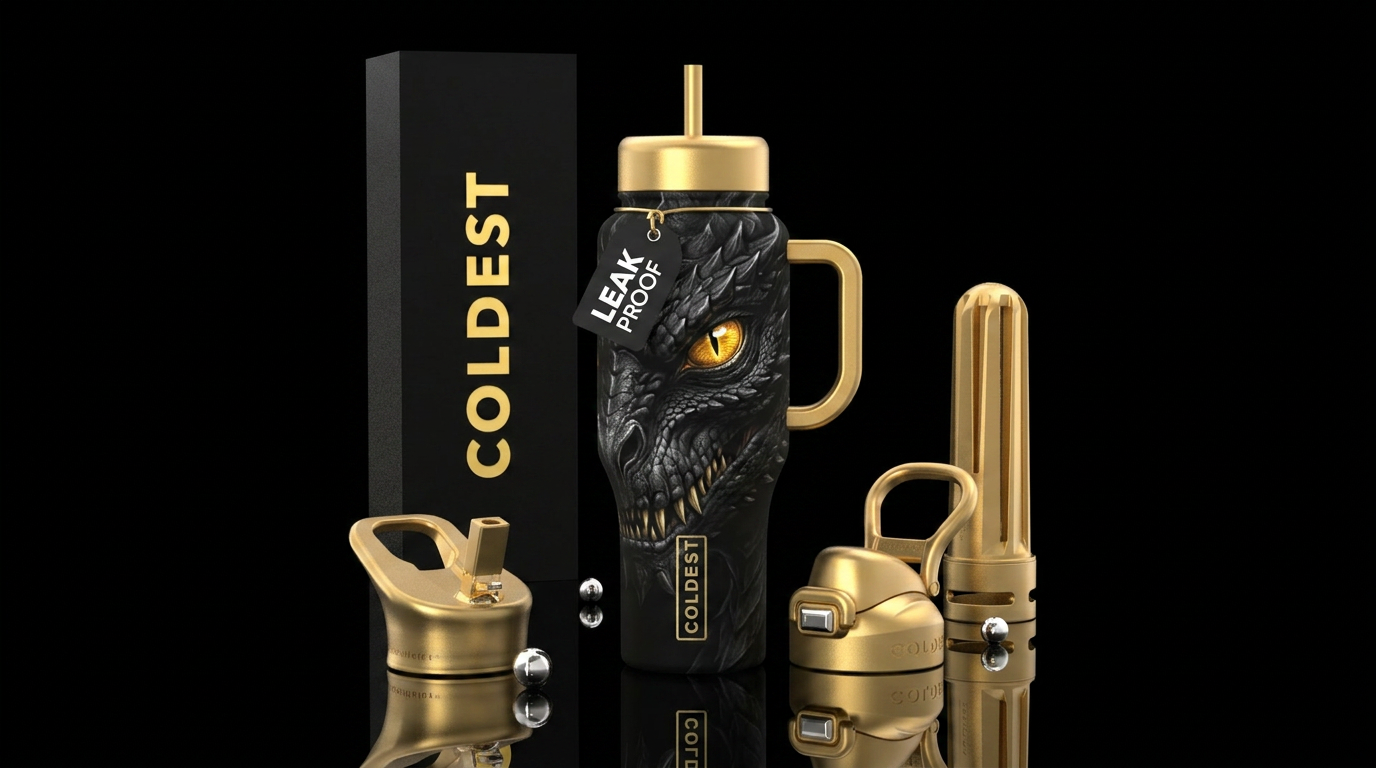 Black dragon zoomed in on his gold eye water bottle design