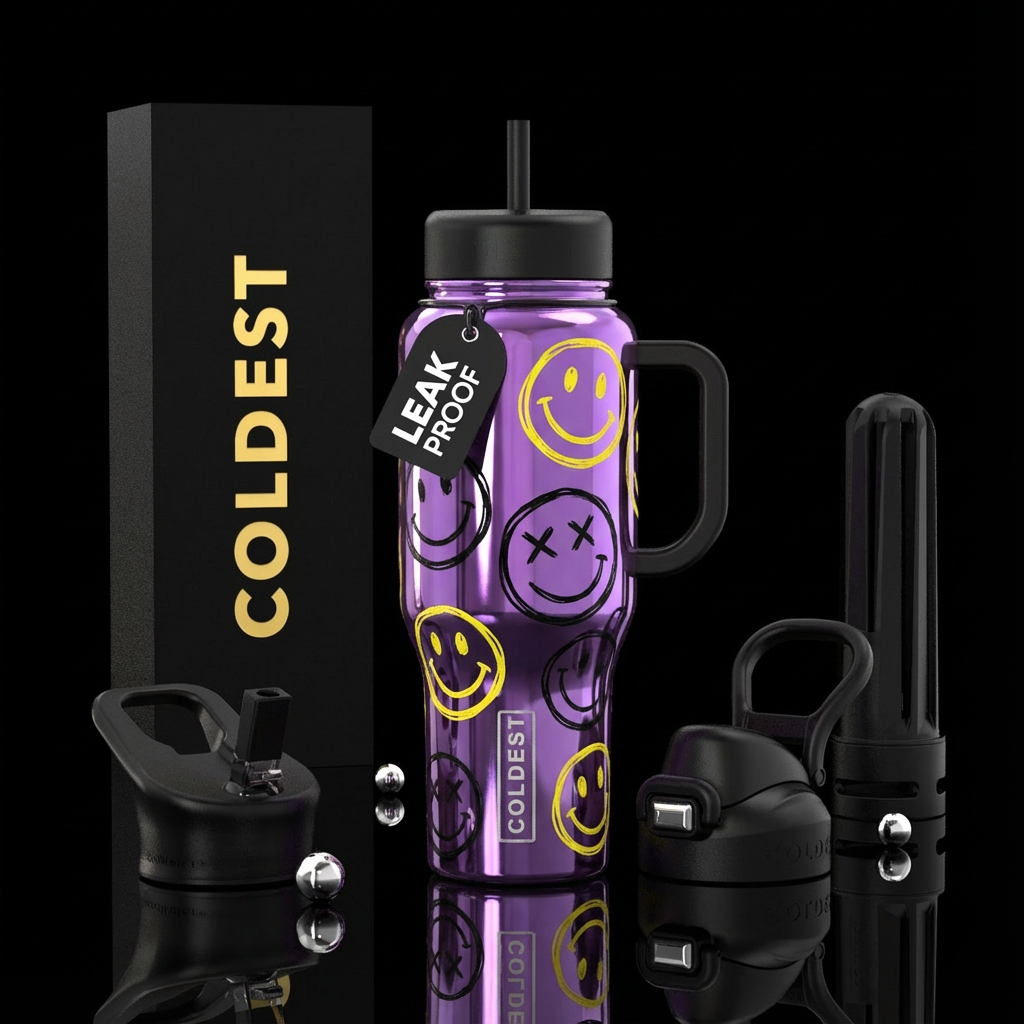 Purple smiles water bottle design