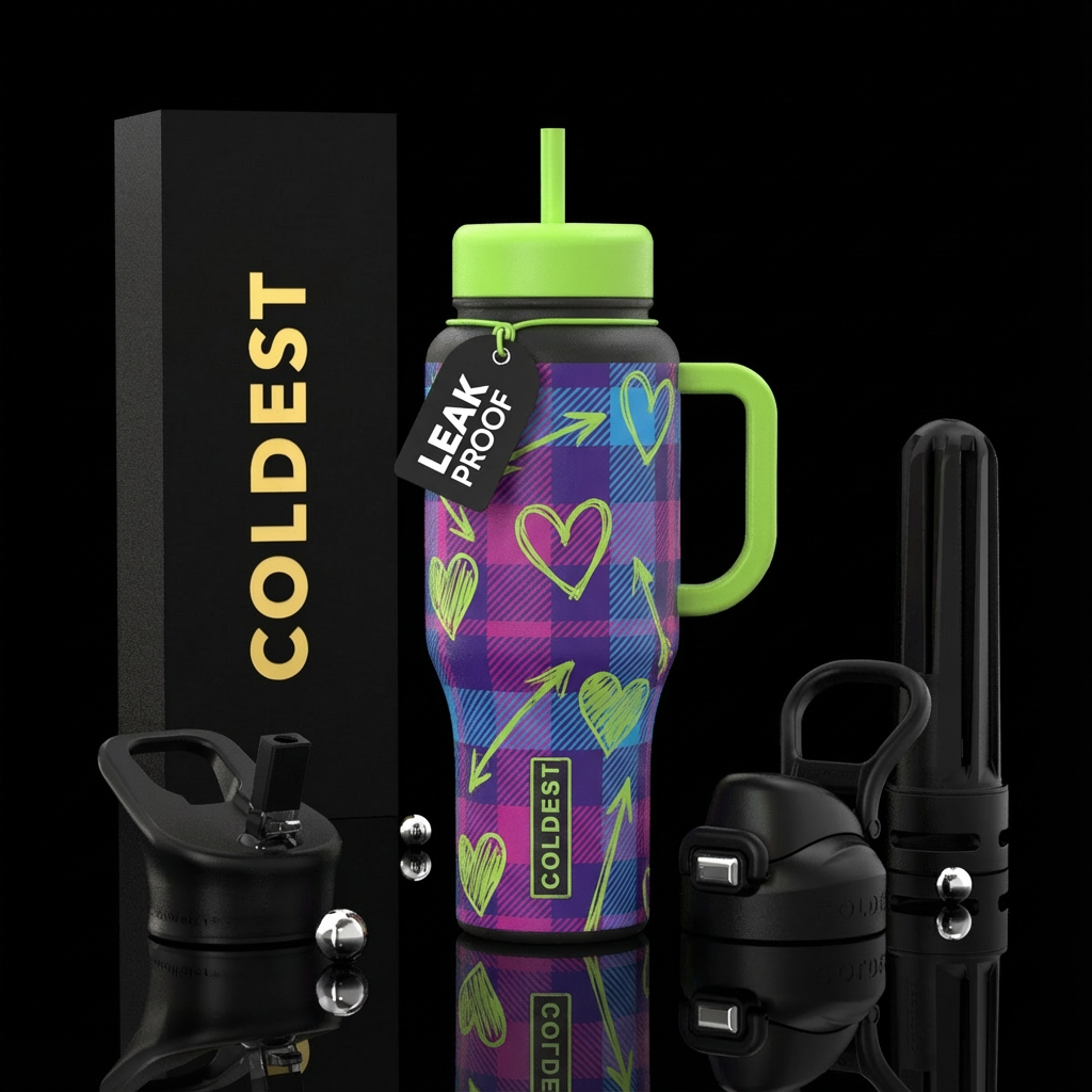 Plaid and green hearts water bottle design
