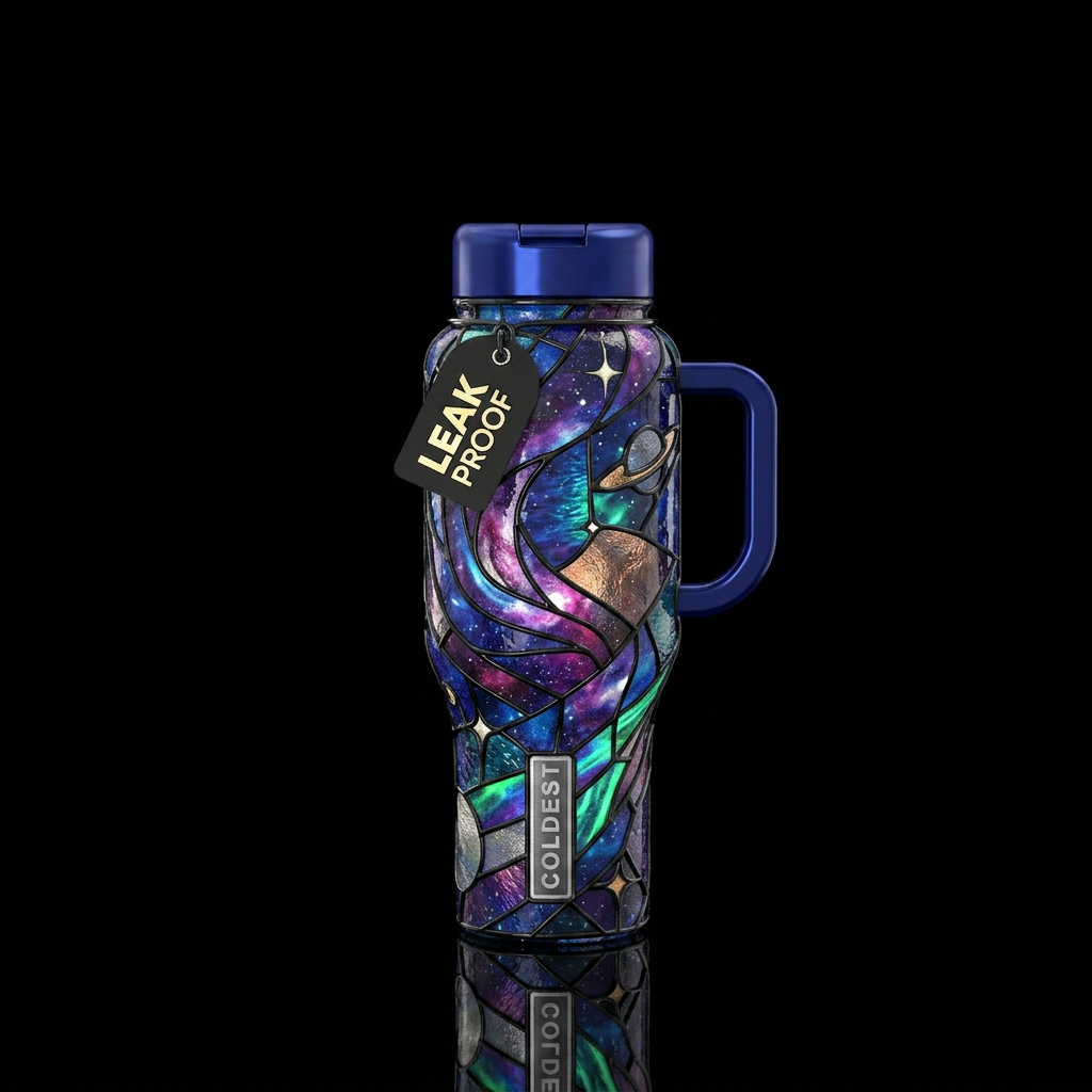 The galaxy in stained glass design water bottle design