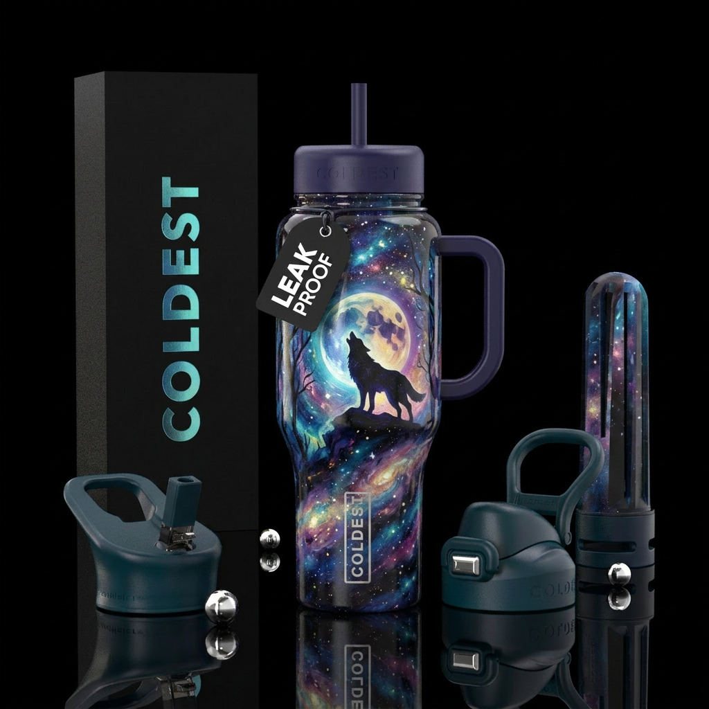 Dances with wolves lunar moon, galaxy trees oil pa... water bottle design