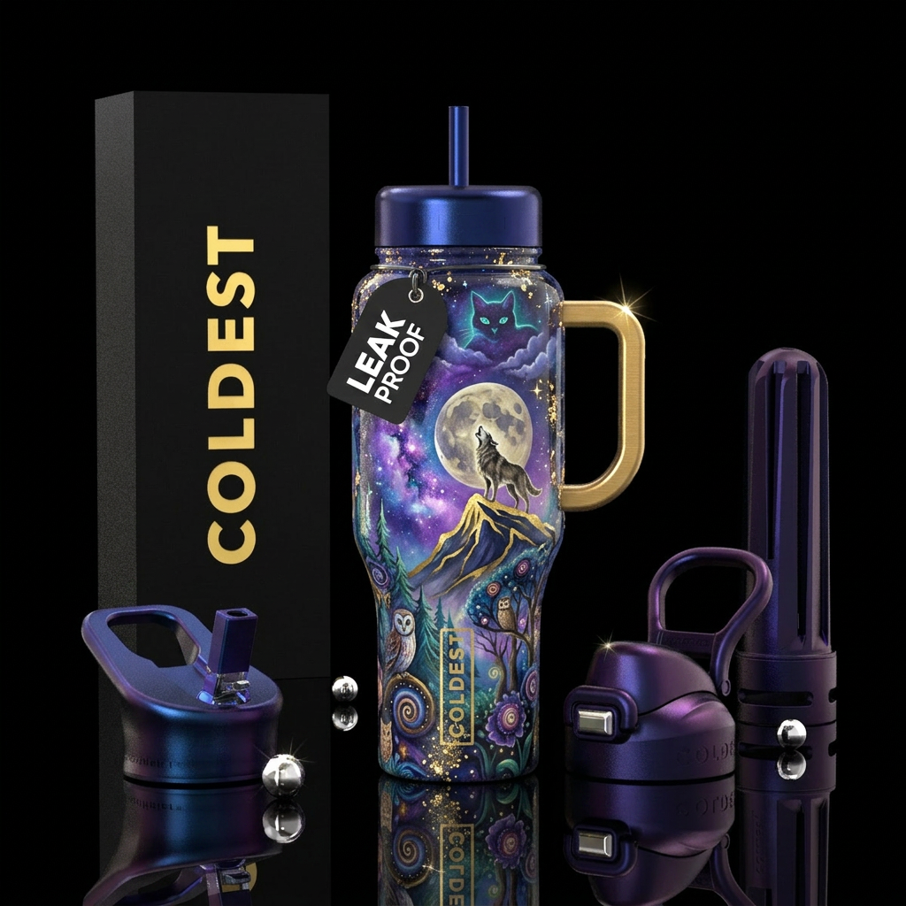 Glossy bottle, purples, blues, black, gold glitter... water bottle design