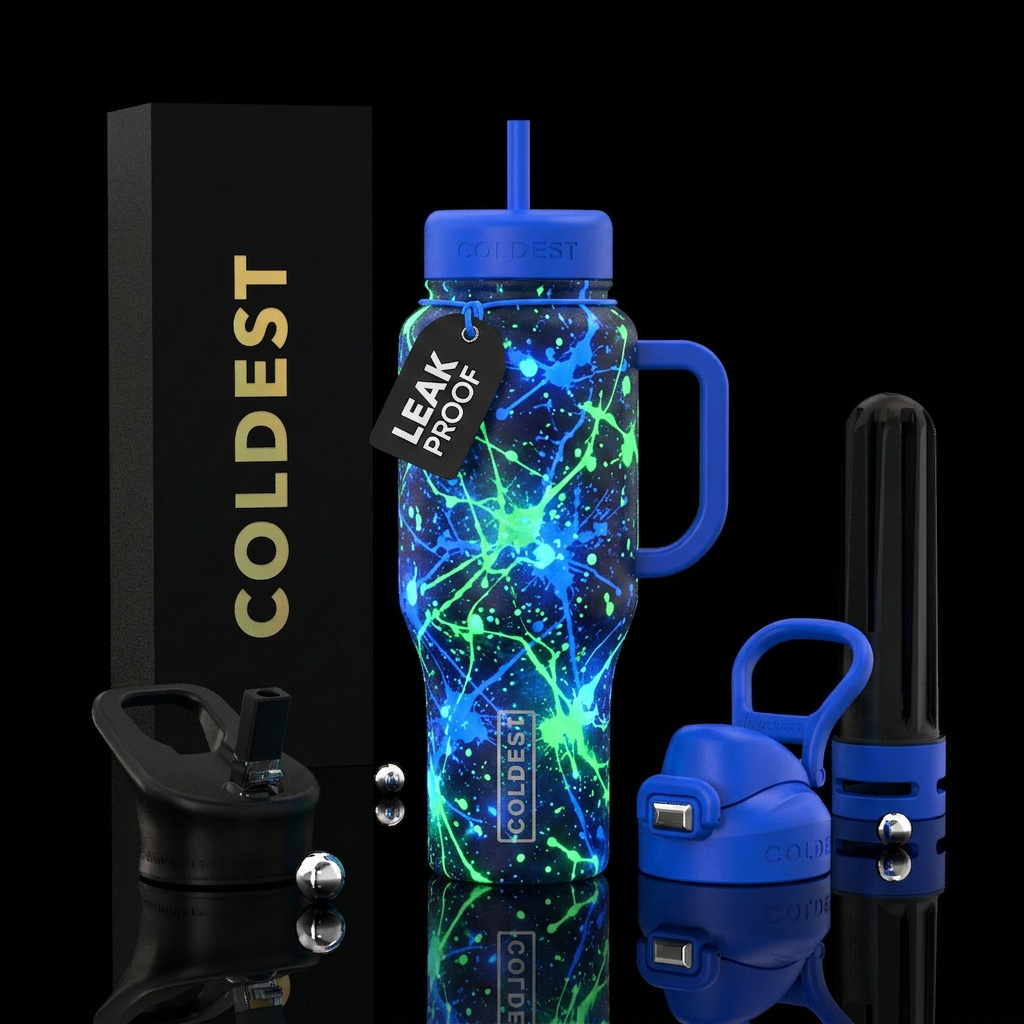Blue and green splatter glowie water bottle design