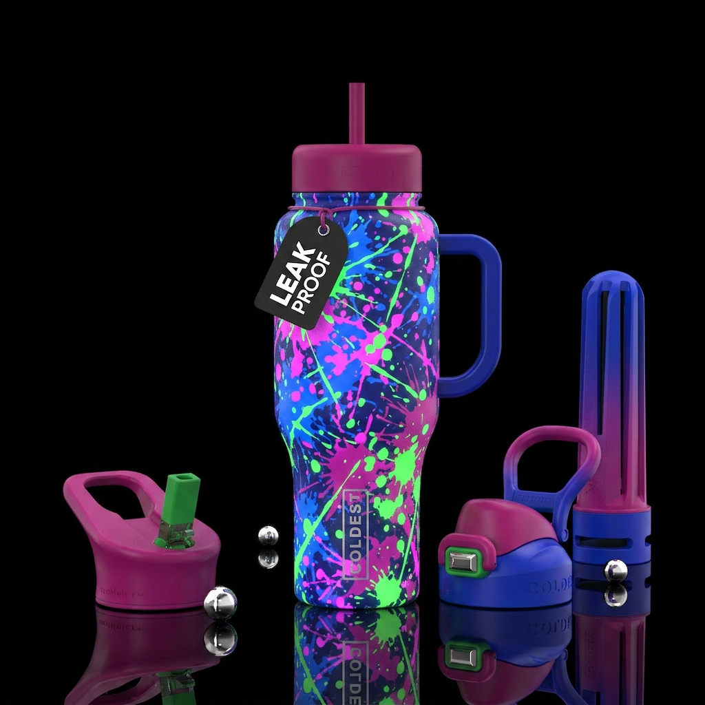Blue pink and green splatter glowie water bottle design