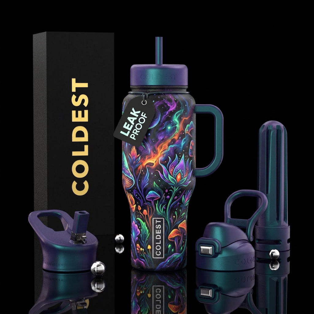 Drawn and painted, out of this world, vibrant colo... water bottle design