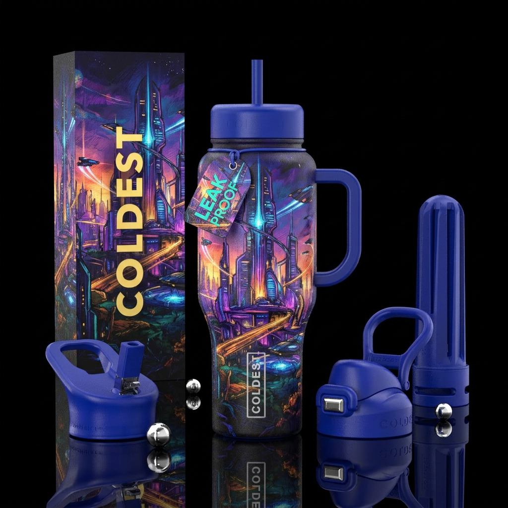 Drawn and painted, out of this world, vibrant colo... water bottle design