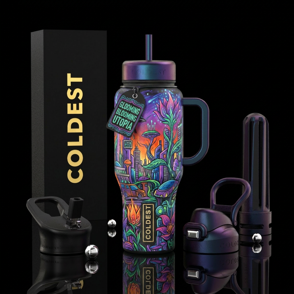 Drawn and painted, out of this world, vibrant colo... water bottle design