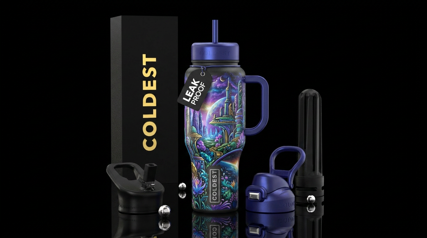 Drawn and painted, out of this world, vibrant colo... water bottle design