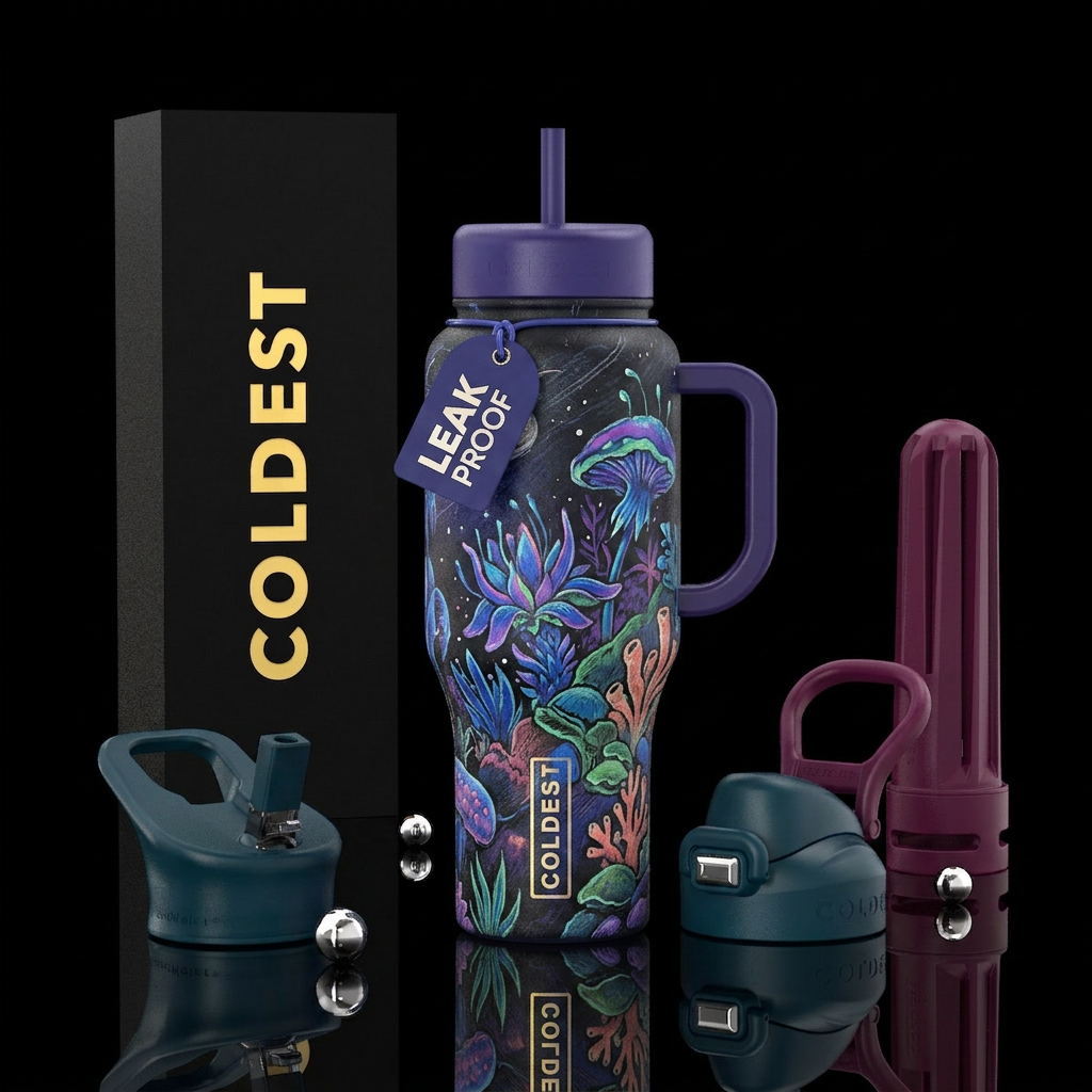 Drawn and painted, out of this world, vibrant colo... water bottle design
