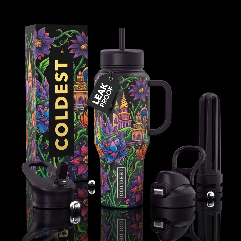 Drawn and painted, vibrant colors, distinct featur... water bottle design