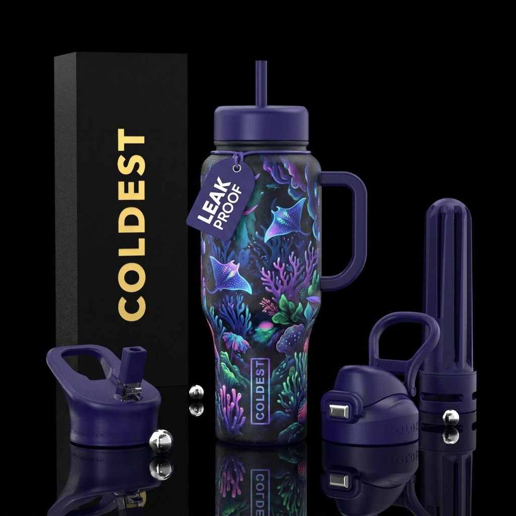 Drawn and painted, vibrant colors, distinct featur... water bottle design