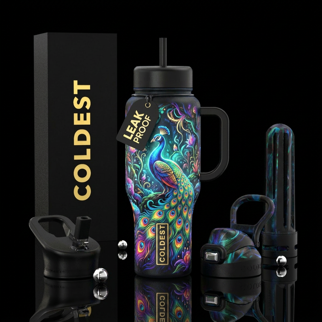 Drawn and painted, vibrant colors, distinct featur... water bottle design