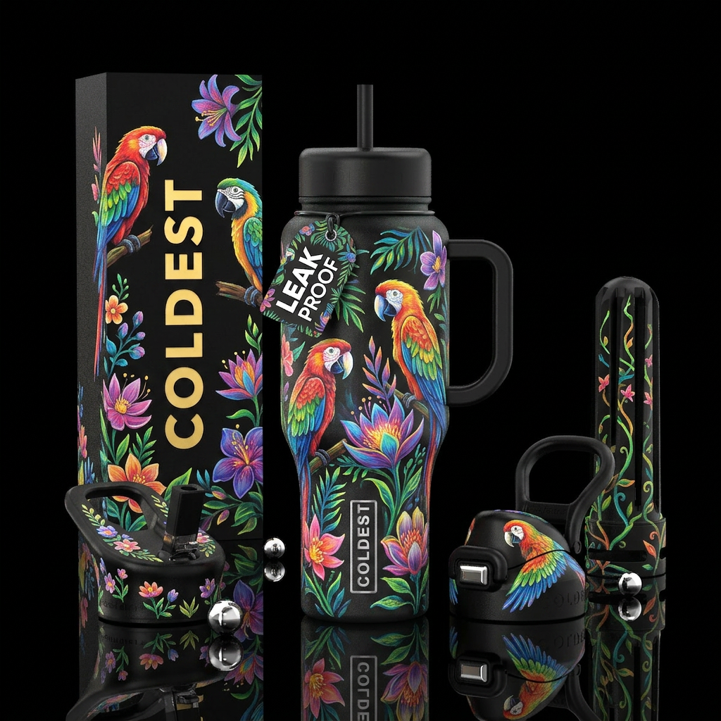 Drawn and painted, vibrant colors, distinct featur... water bottle design