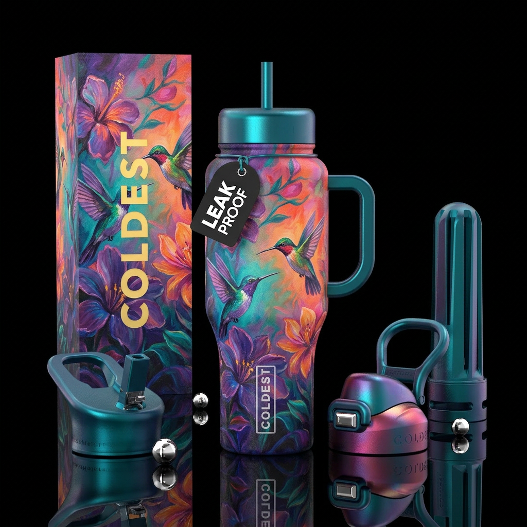 Drawn and painted, vibrant colors, distinct featur... water bottle design