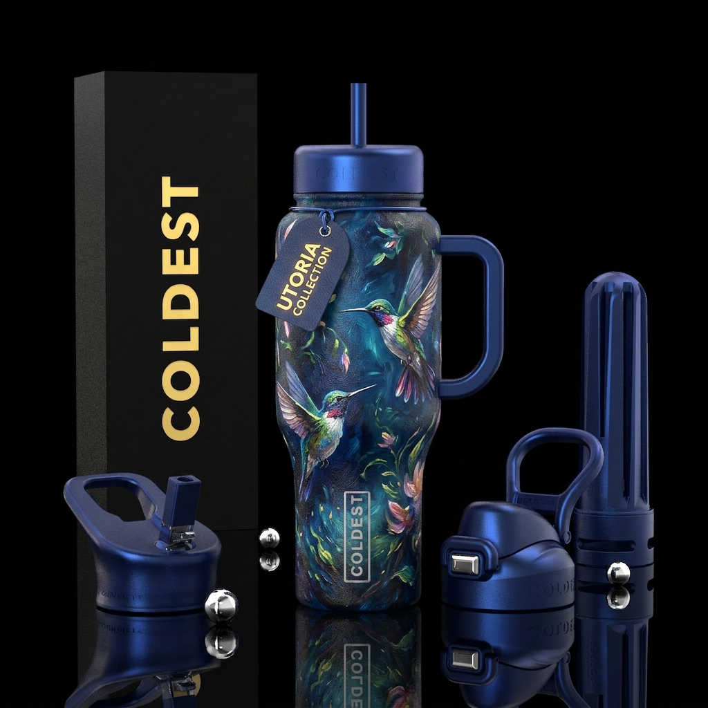 Drawn and painted, vibrant colors, distinct featur... water bottle design