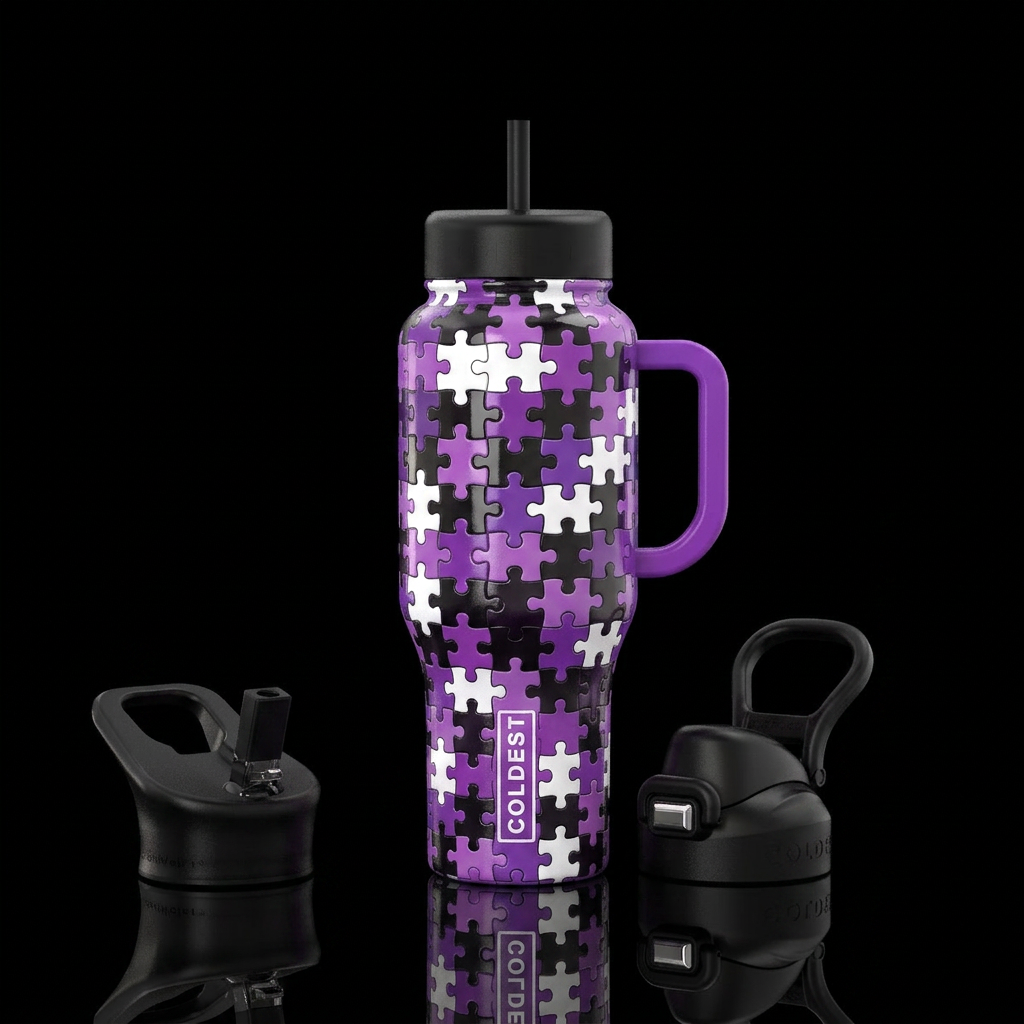 Purple Black and white puzzle water bottle design