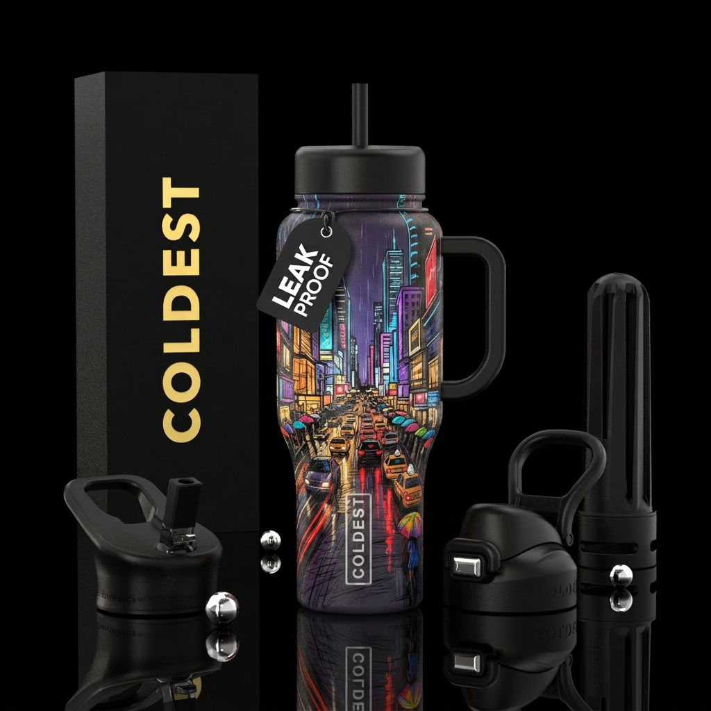Sketch drawing of busy big city on a rainy night, ... water bottle design