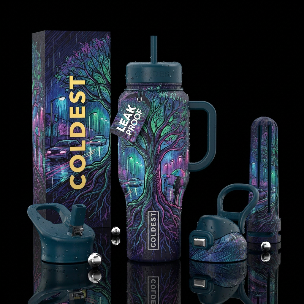 Sketch drawing of the tree of life on a rainy nigh... water bottle design