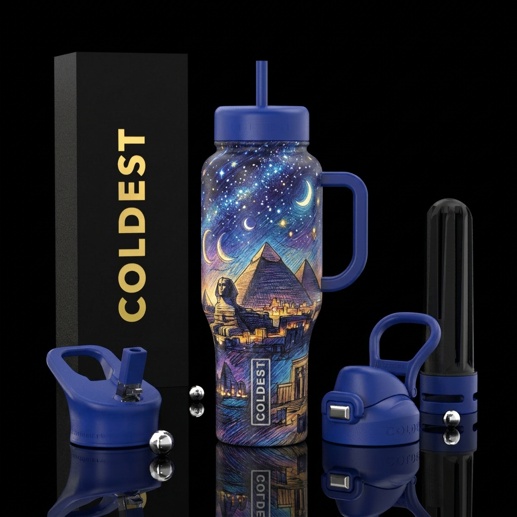 Sketch drawing of Egypt at night, plenty of stars ... water bottle design