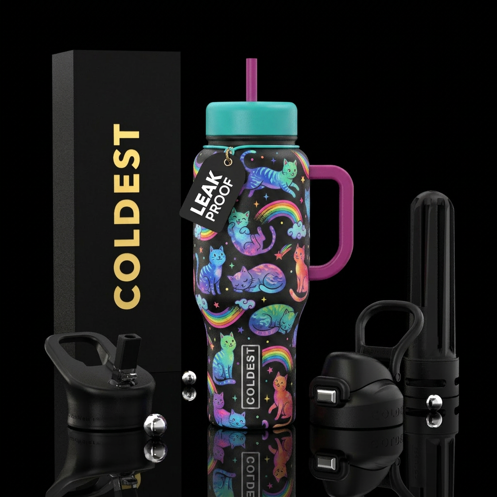 Cats and rainbows on black bottle water bottle design