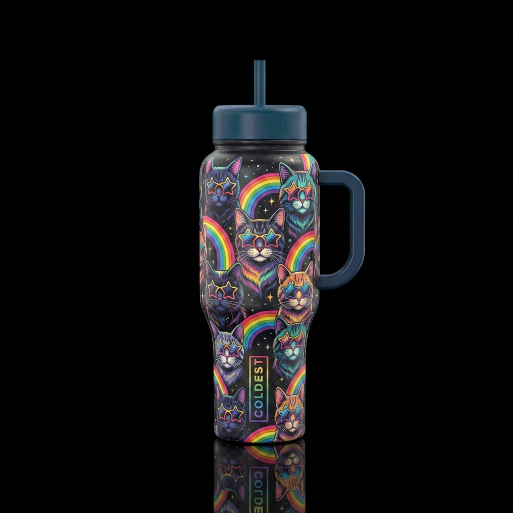 Cats with sunglass stars and rainbows on black bot... water bottle design