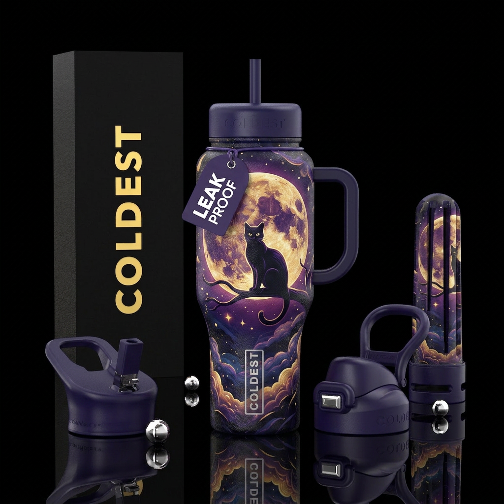 Moonlight moon and cat water bottle design