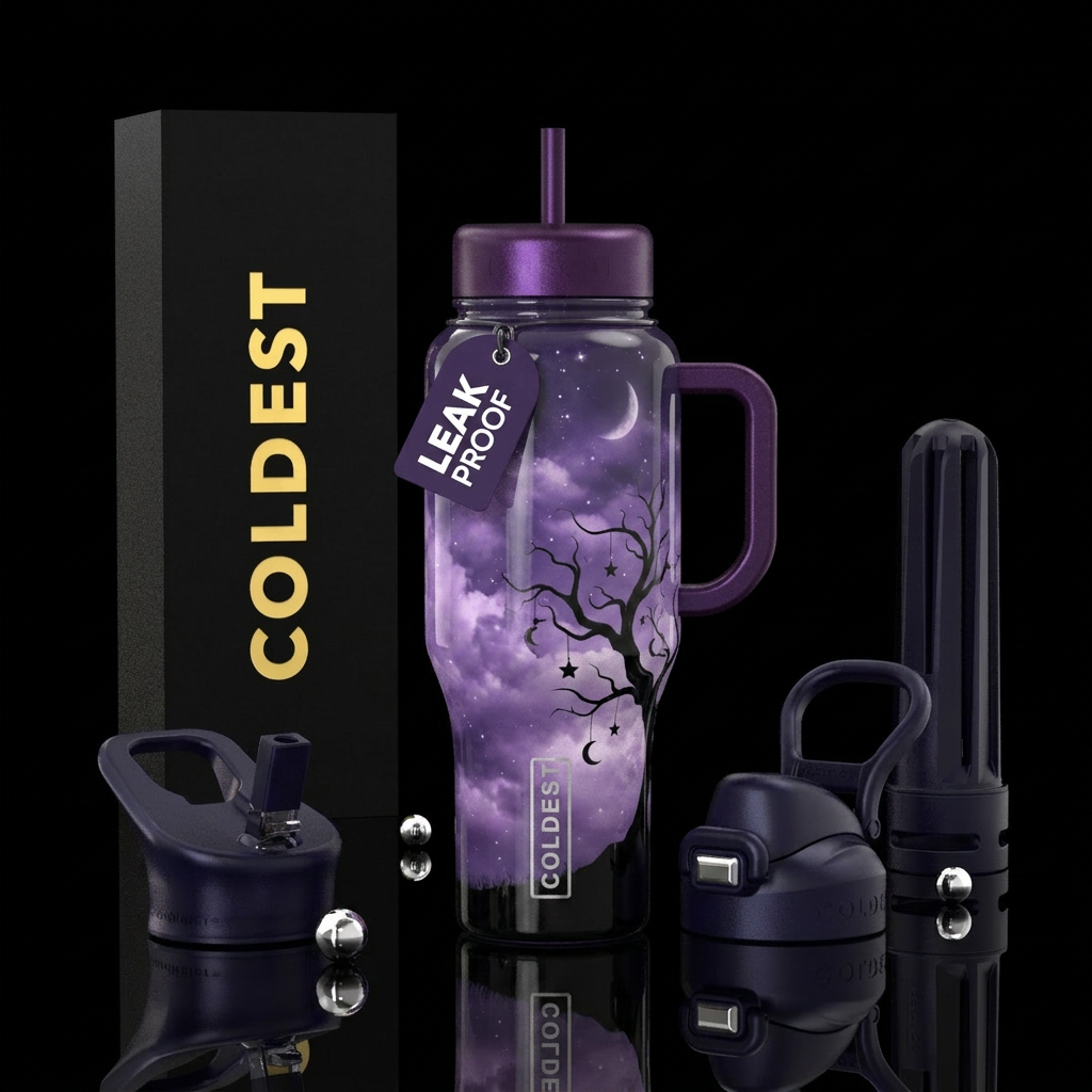 Purple cloudy sky and black tree with star and moo... water bottle design