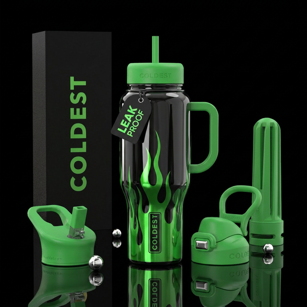Shiny black bottle with green flames water bottle design