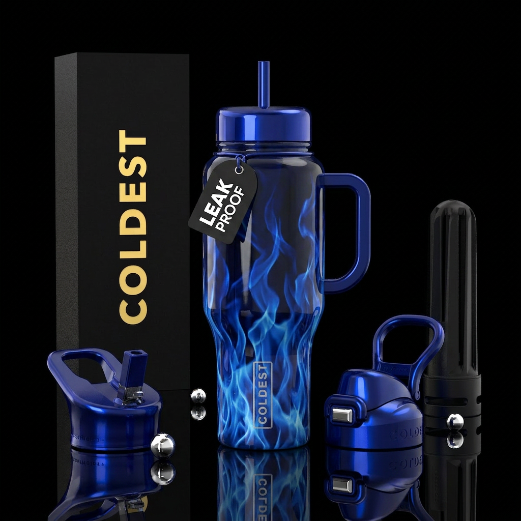 Shiny black bottle with blue flames water bottle design