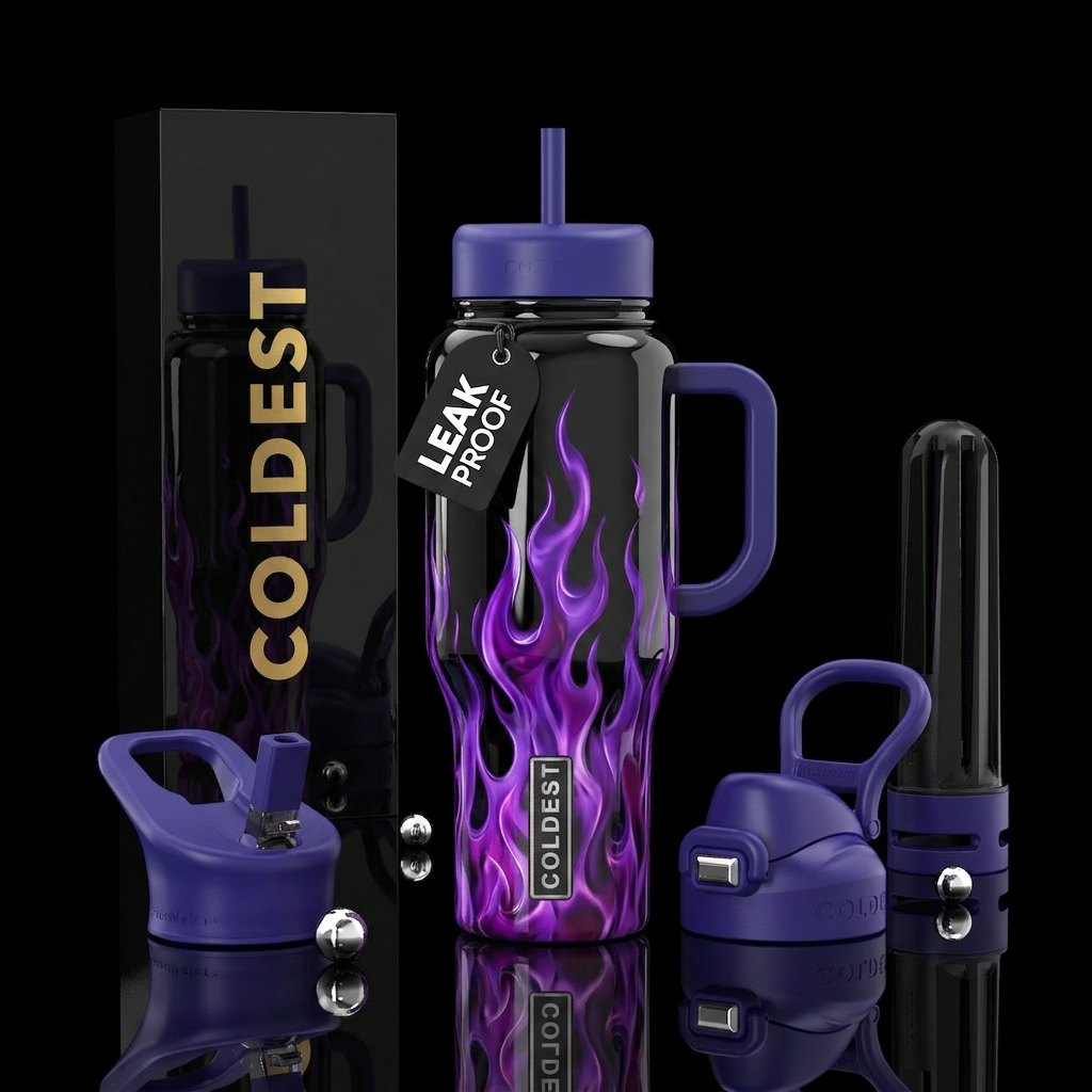 Shiny black bottle with purple flames water bottle design
