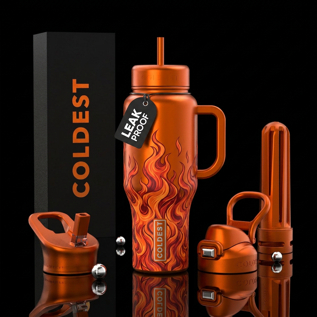 Shiny black bottle orange flames water bottle design
