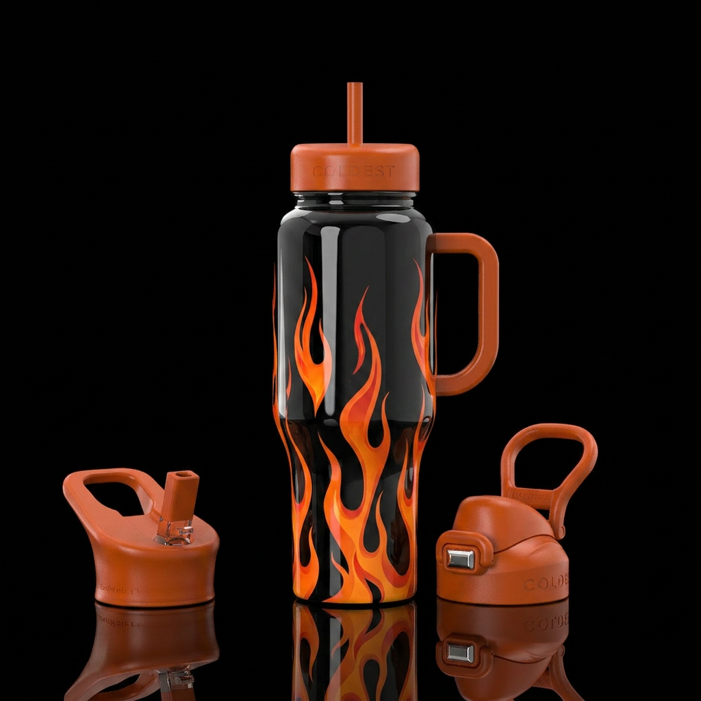 Shiny black bottle orange flames water bottle design