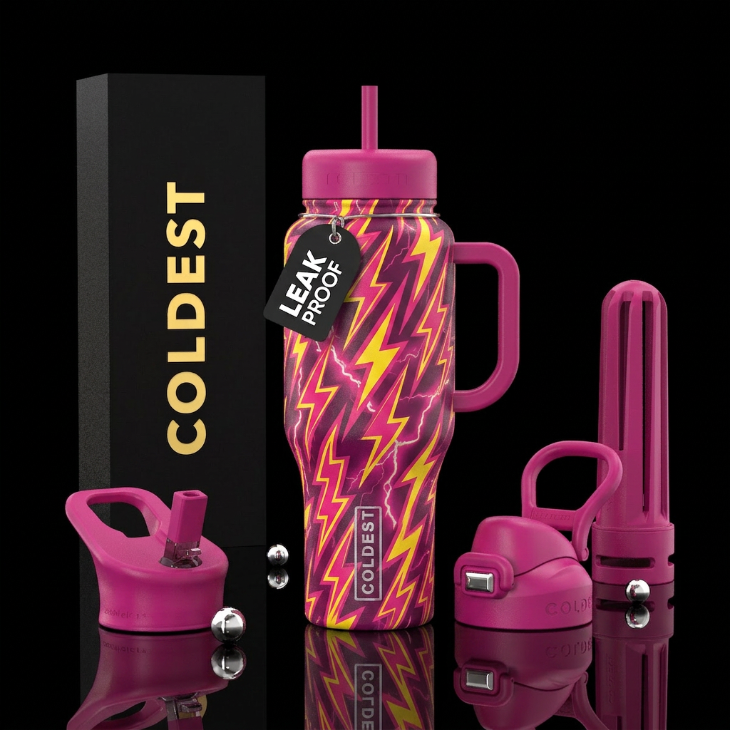 Fuchsia and yellow lightening bolts on shiny black... water bottle design